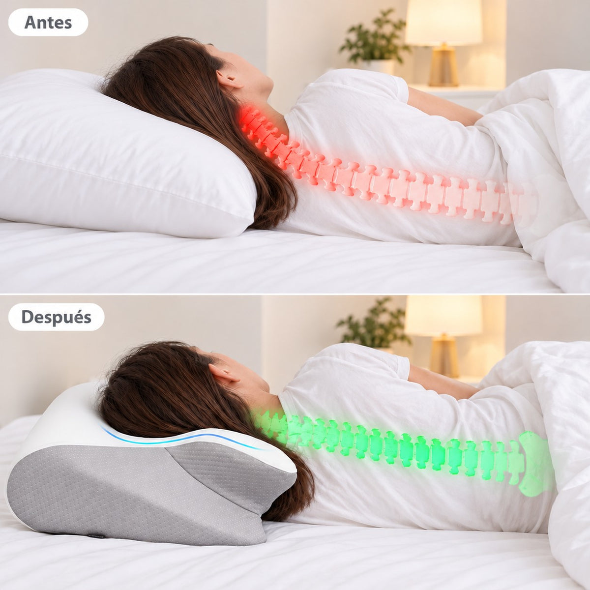 Antes y después: con una almohada normal el cuello se dobla hacia arriba; con la almohada japonesa cervical gris la columna queda recta