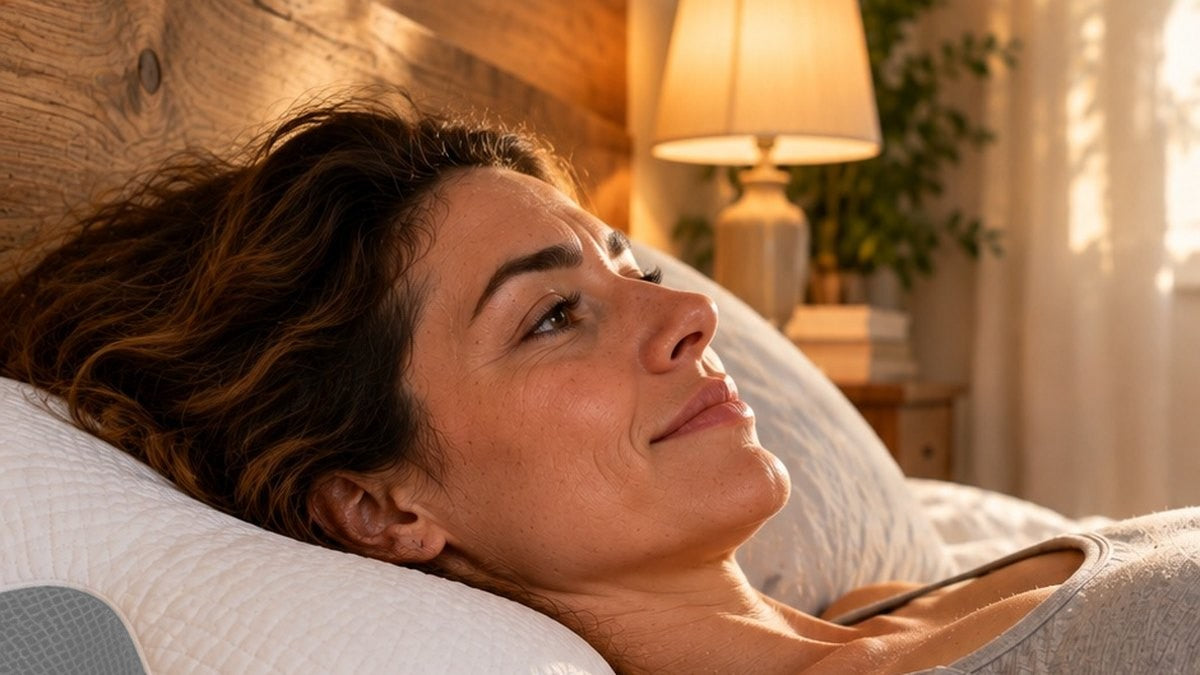 Mujer dormida de lado sobre la almohada japonesa cervical gris con la cara descansada
