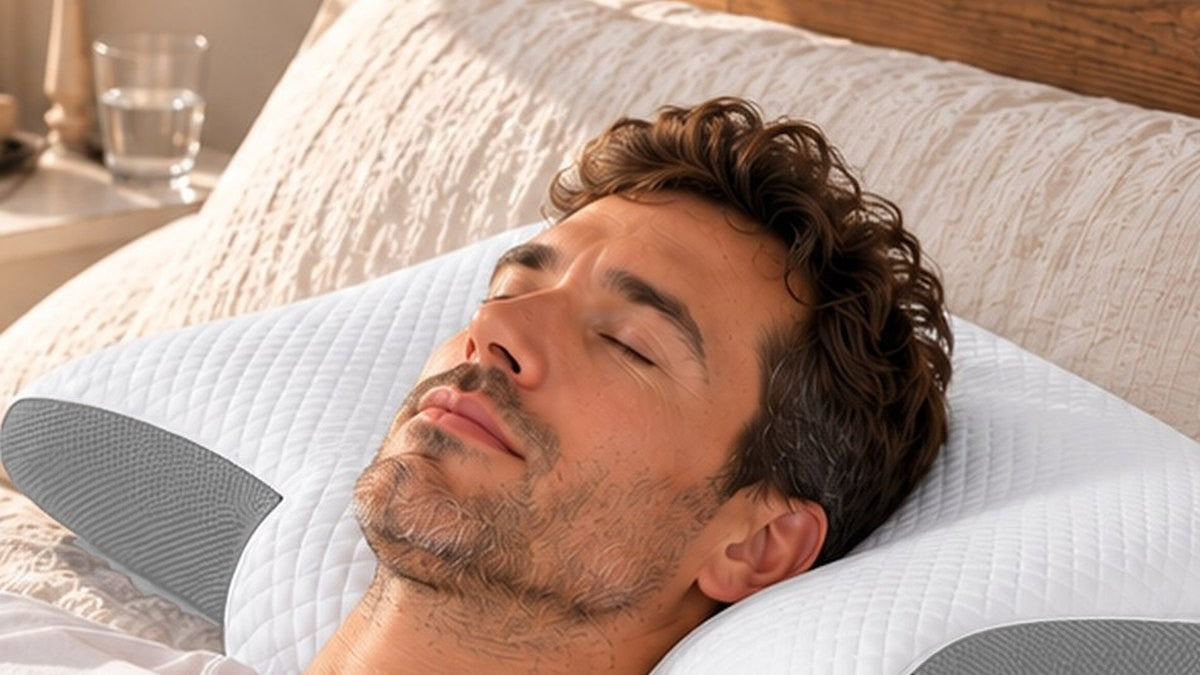 Hombre durmiendo boca arriba sobre la almohada japonesa cervical gris respirando tranquilo