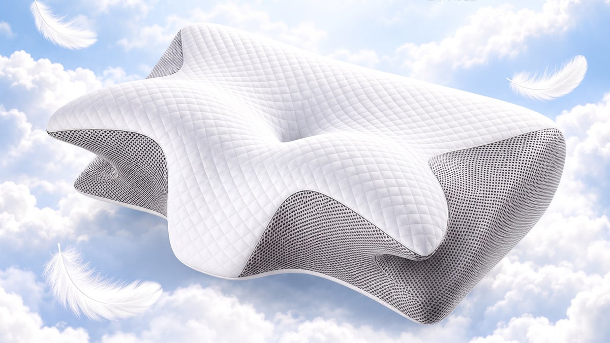Almohada cervical gris de mariposa flotando entre nubes