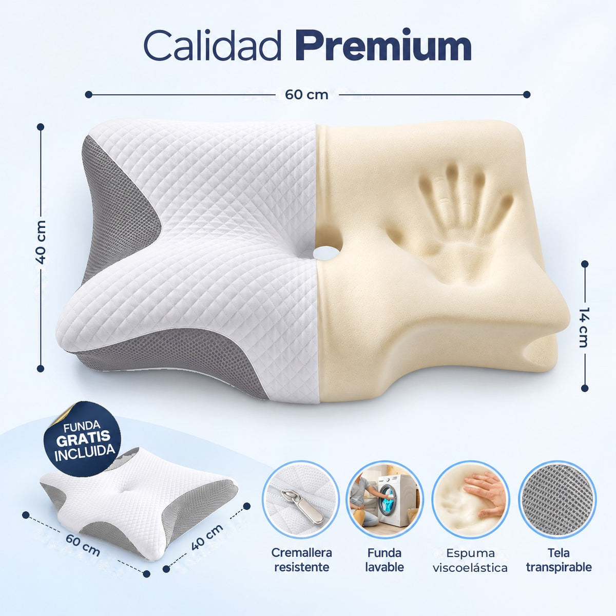 Almohada japonesa cervical gris de 60 × 40 × 14 cm: espuma viscoelástica, funda lavable con cremallera y tela transpirable
