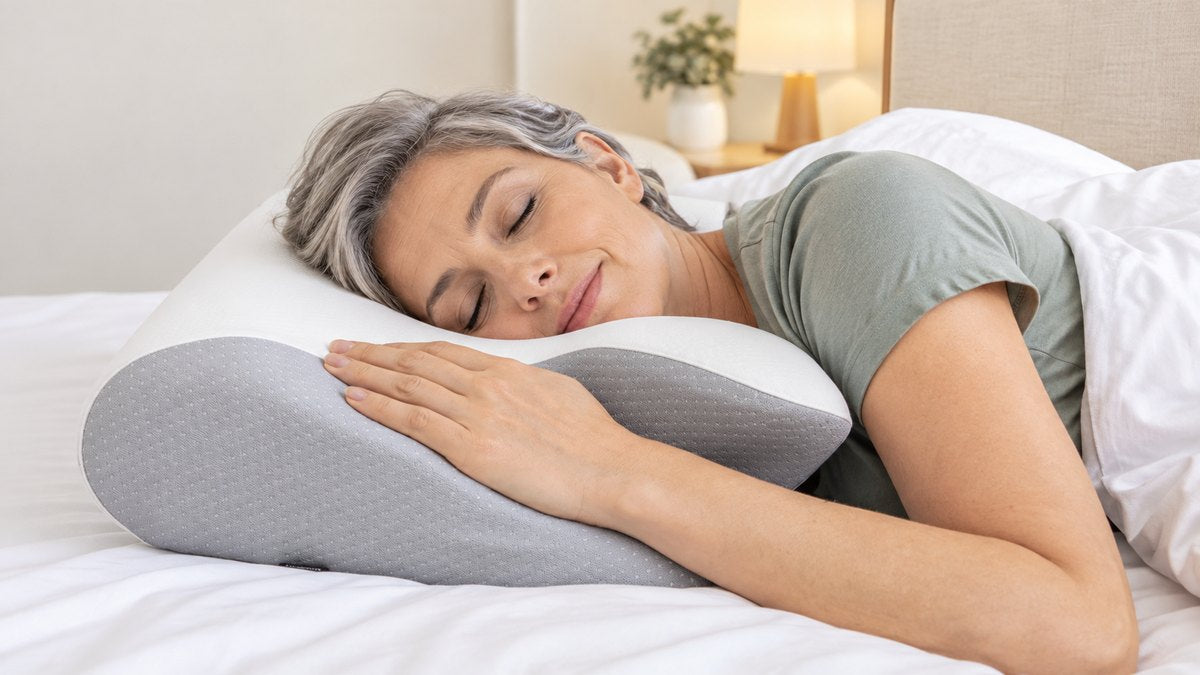 Mujer de pelo canoso dormida boca abajo abrazando la almohada japonesa cervical gris