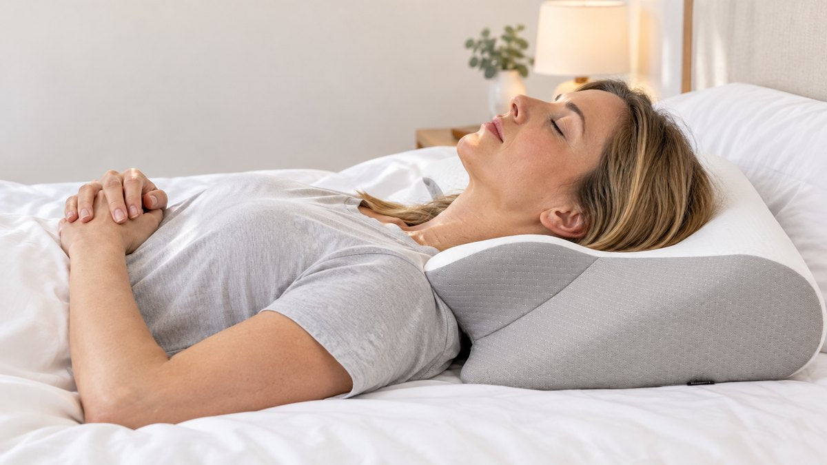 Mujer dormida boca arriba con la nuca apoyada en el rodillo de la almohada japonesa cervical gris