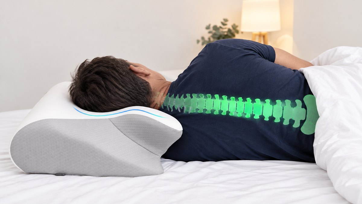 Hombre dormido de lado sobre la almohada japonesa cervical gris con la columna alineada