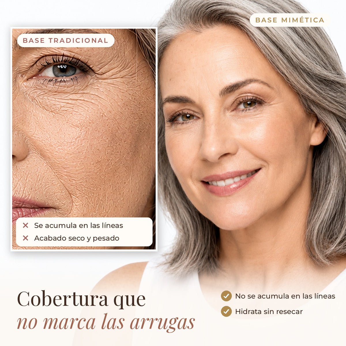 Base de maquillaje para piel madura que no marca las arrugas, frente a una base tradicional