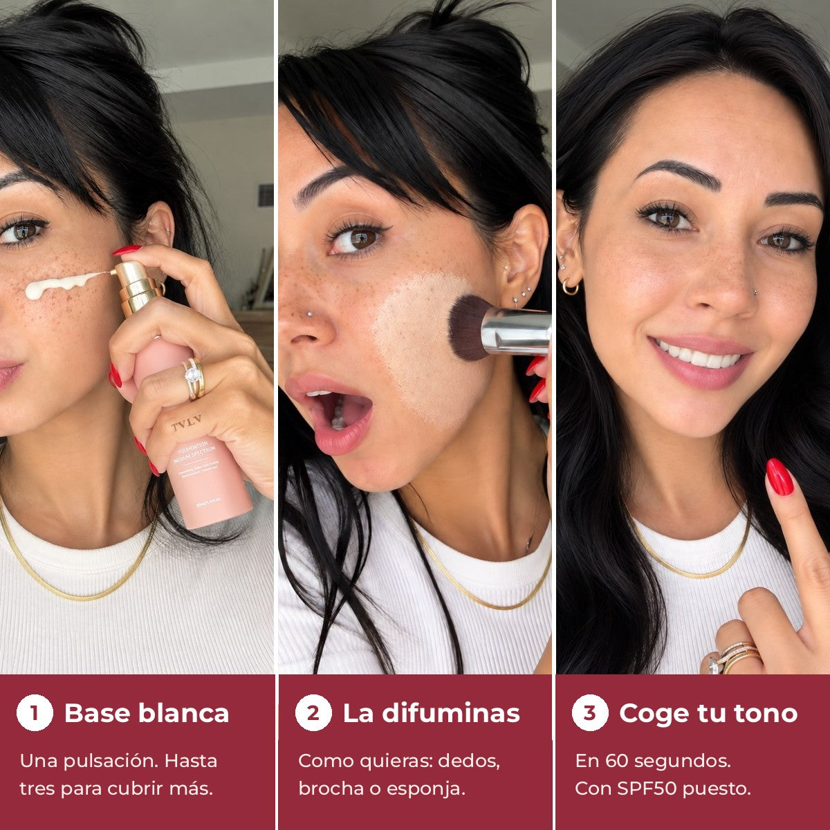 Cómo se aplica la base en 3 pasos: sale blanca, la difuminas y coge tu tono
