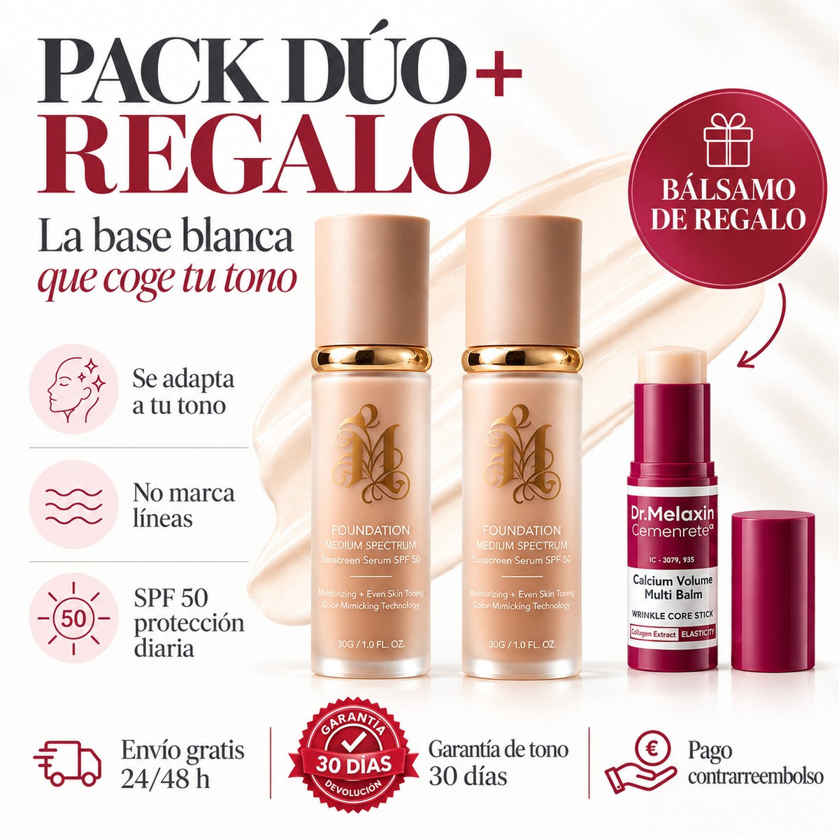 Pack dúo de base de maquillaje blanca que se adapta al tono, con bálsamo de regalo, envío gratis y pago contrarreembolso