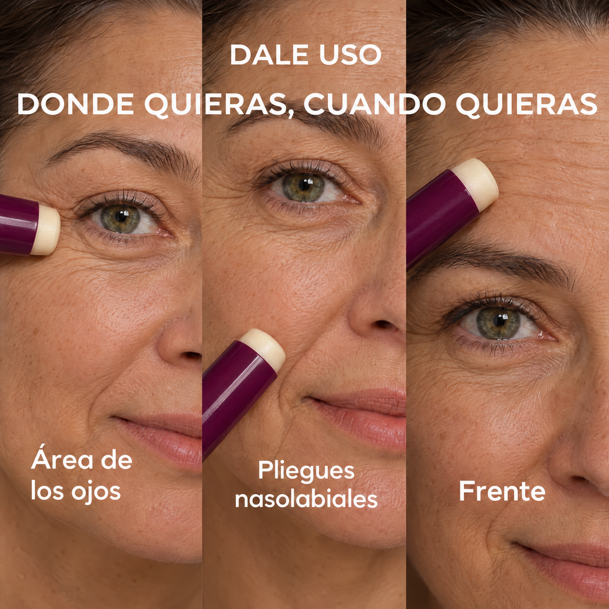 Zonas de aplicación del bálsamo en barra Dr. Melaxin: contorno de ojos, surcos y frente