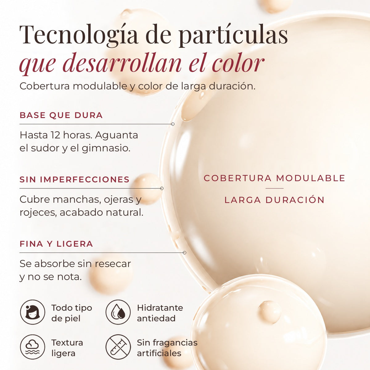 Tecnología de partículas que desarrollan el color de la base de maquillaje