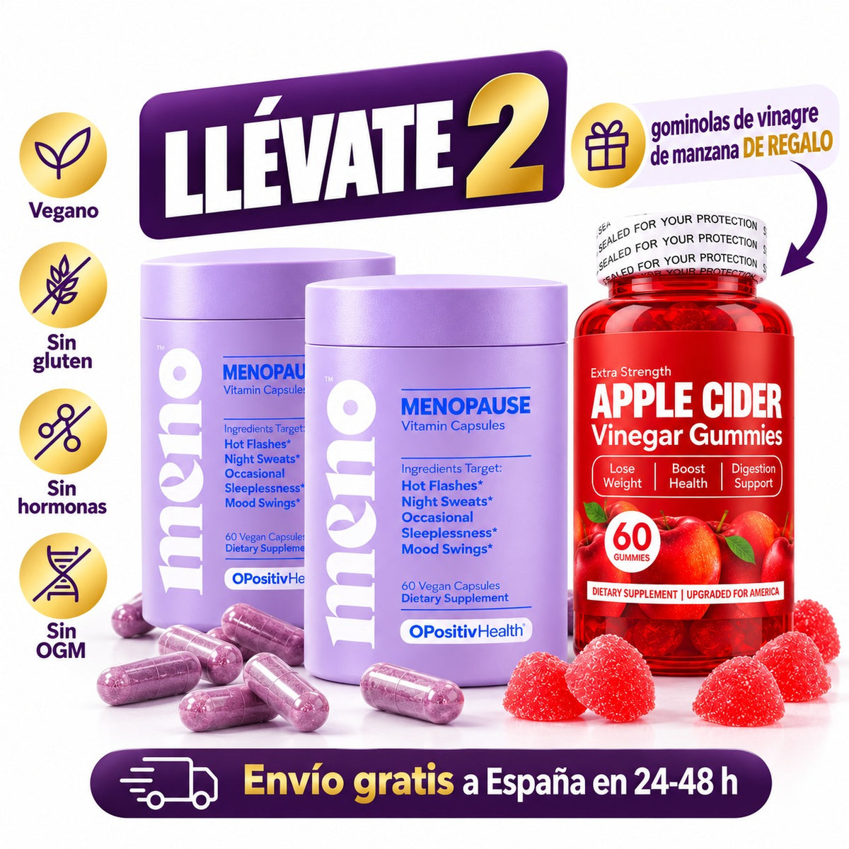 Llévate 2 botes de meno y gominolas de vinagre de manzana de regalo. Vegano, sin gluten, sin hormonas, sin OGM. Envío gratis a España en 24-48 h